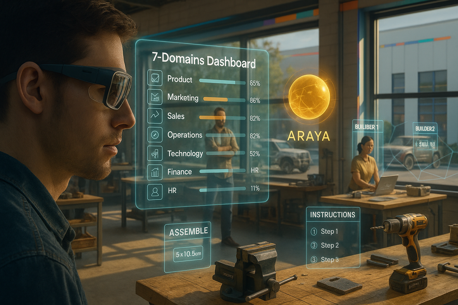 Virtual meets reality - AR dashboard overlaid on physical makerspace